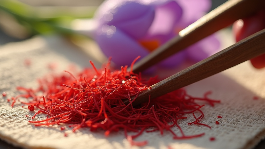 Ouvriers expérimentés récoltant les précieux stigmates rouges à la main dans un champ de safran