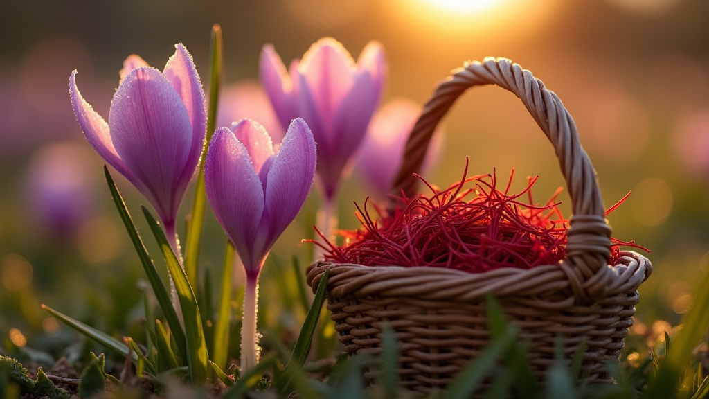 Champ de safran en fleur au lever du soleil, avec des ouvriers récoltant les précieuses fleurs violettes