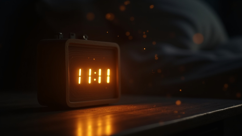 Personne regardant son téléphone affichant 11h11 avec un fond éthérique